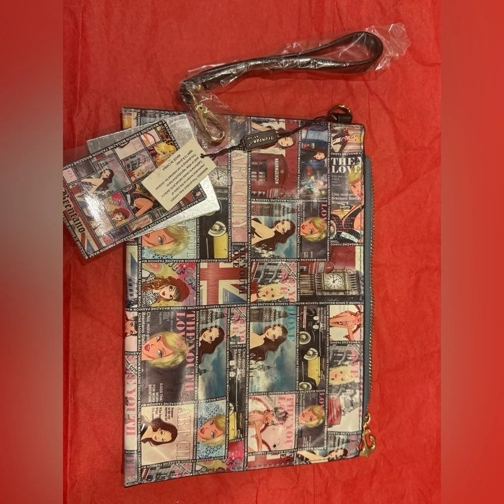 Brentano Comic Print Bag Wristlet Purse Black 12x7 NEW